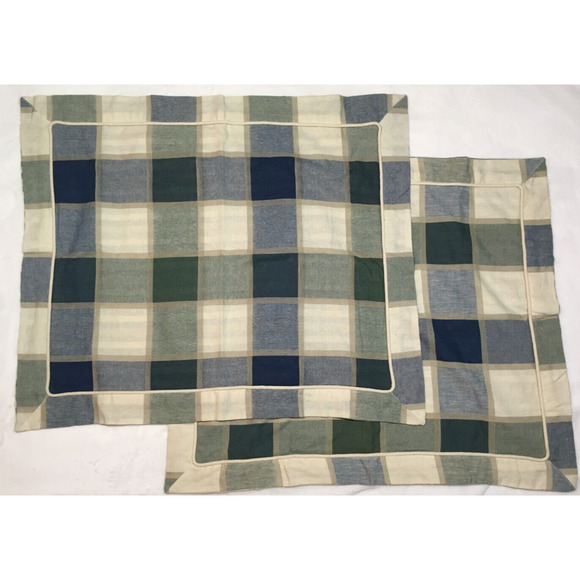 Park B Smith Blue Green Cream Block Plaid Std Shams (2) Linen-Look Cotton - Picture 2 of 10